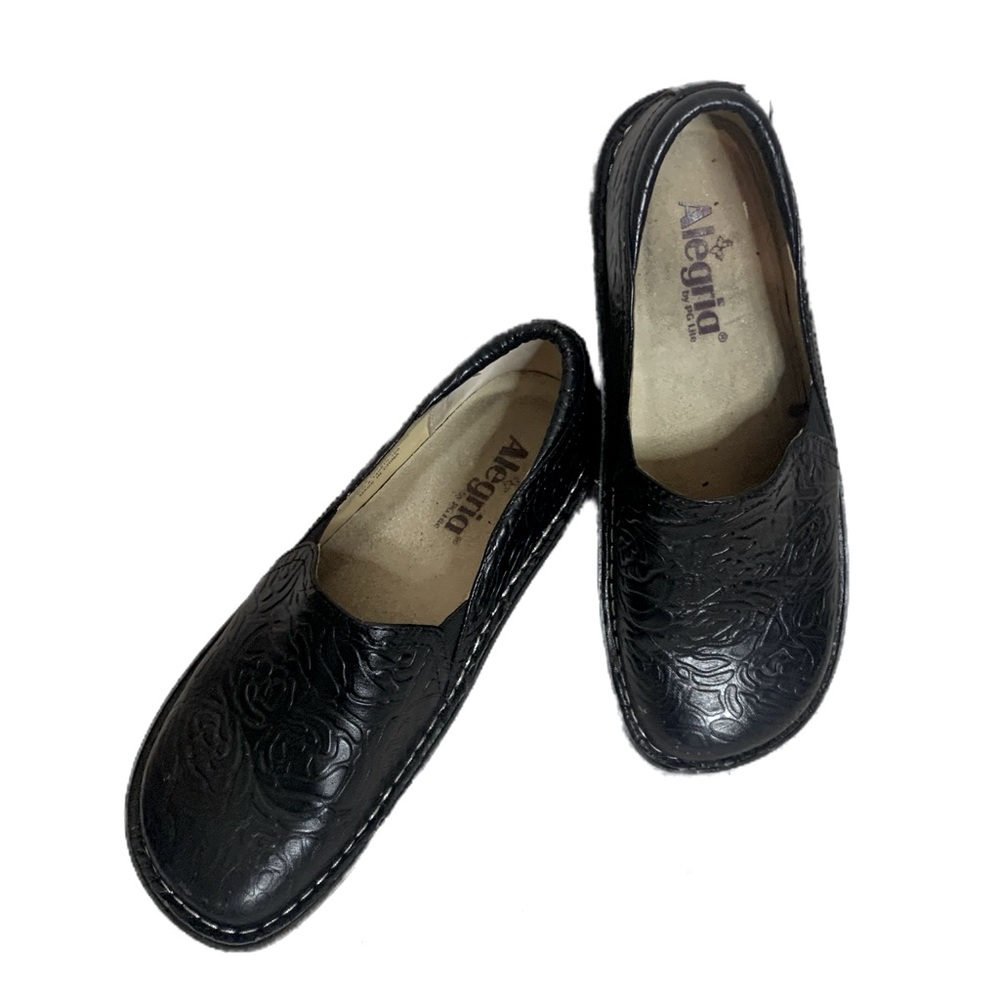 Alegria Debra Embossed Rose Design Leather Comfort Shoes Black Sz 38 (8 - 8.5)